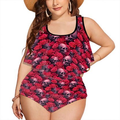 Skulls and Roses, Plus Size Women Bikini Flowy, Ruffle Top Swimsuit