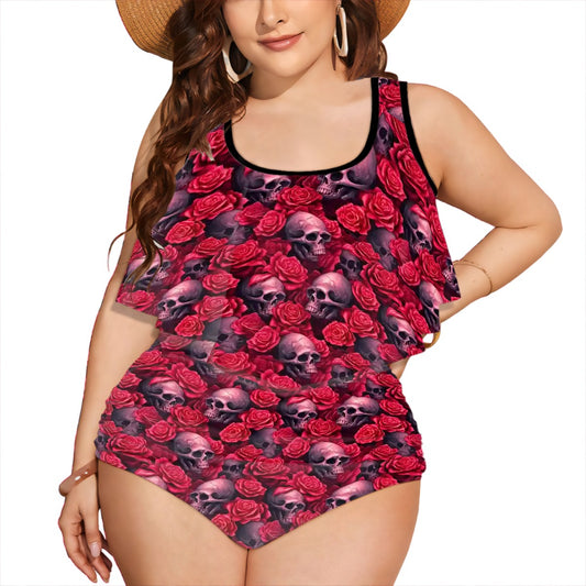 Skulls and Roses, Plus Size Women Bikini Flowy, Ruffle Top Swimsuit
