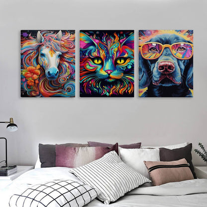 Psychedelic Animals, Canvas Wall Art -16”x 20” (x3) - Made In USA