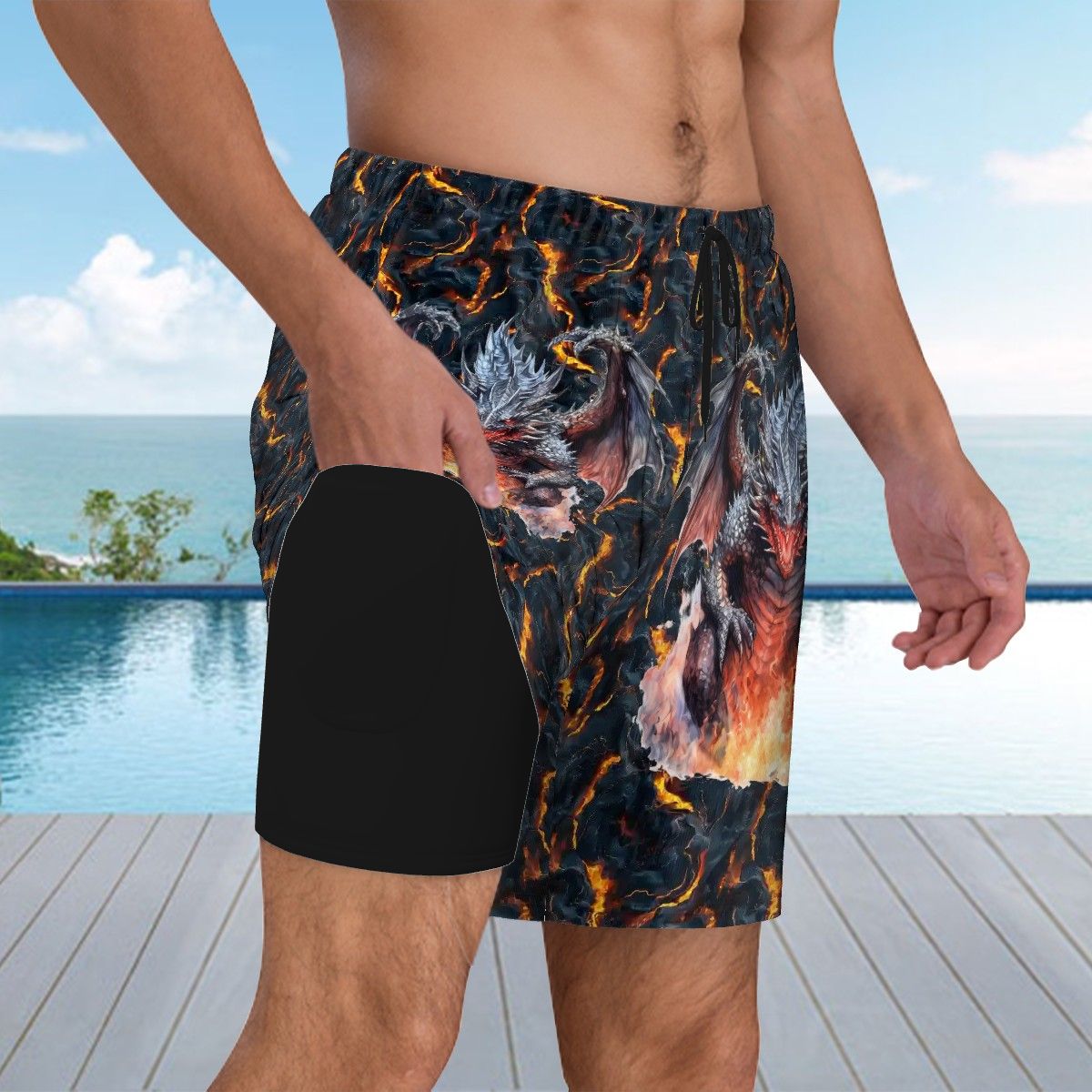 Fire Dragon, Men Beach Shorts / Swim trunks with 4 Pockets
