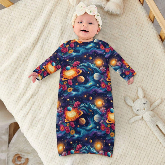 12 Galaxy, Outer Space Designs, Baby Long Sleeve Faux Cotton Sleeper Gown