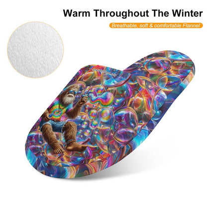 Sasquatch Bigfoot Blowing Bubbles, Flannel Children's Cotton Slippers