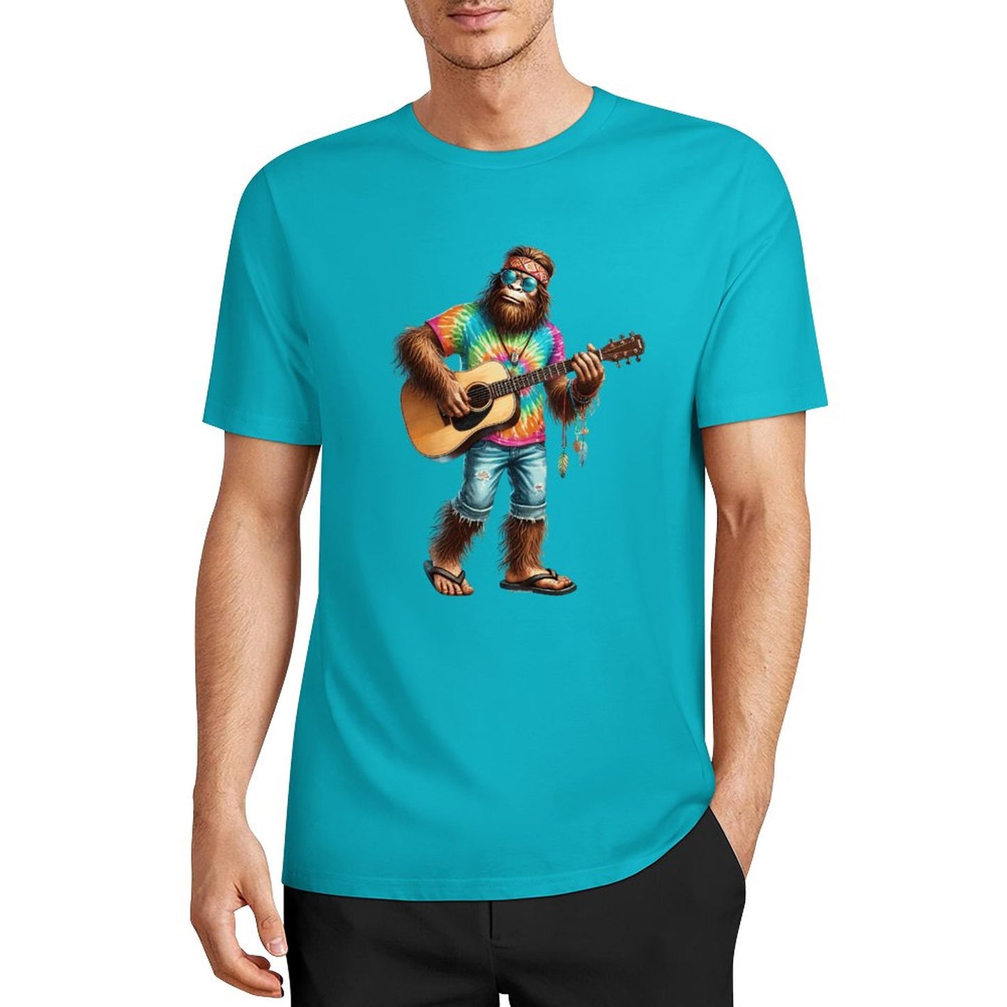 Bigfoot - Sasquatch Hippie Play Guitar Short Sleeve Cotton T-Shirt