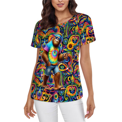 Hippie Bigfoot, Sasquatch, Women’s Polyester Short Sleeve T-Shirt