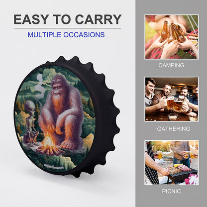 Bigfoot / Sasquatch with Alien, 3” Magnetic Can Opener / Coaster / Fridge Decor