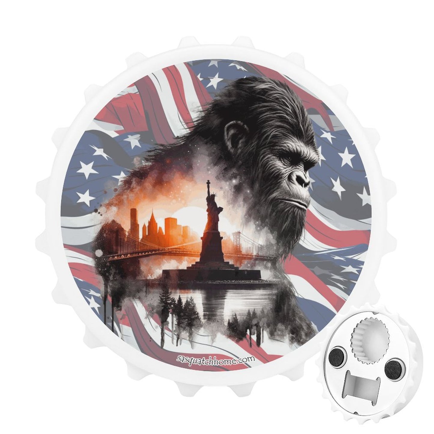 Patriot Bigfoot Sasquatch, 3” Magnetic Can Opener / Coaster / Fridge Decor