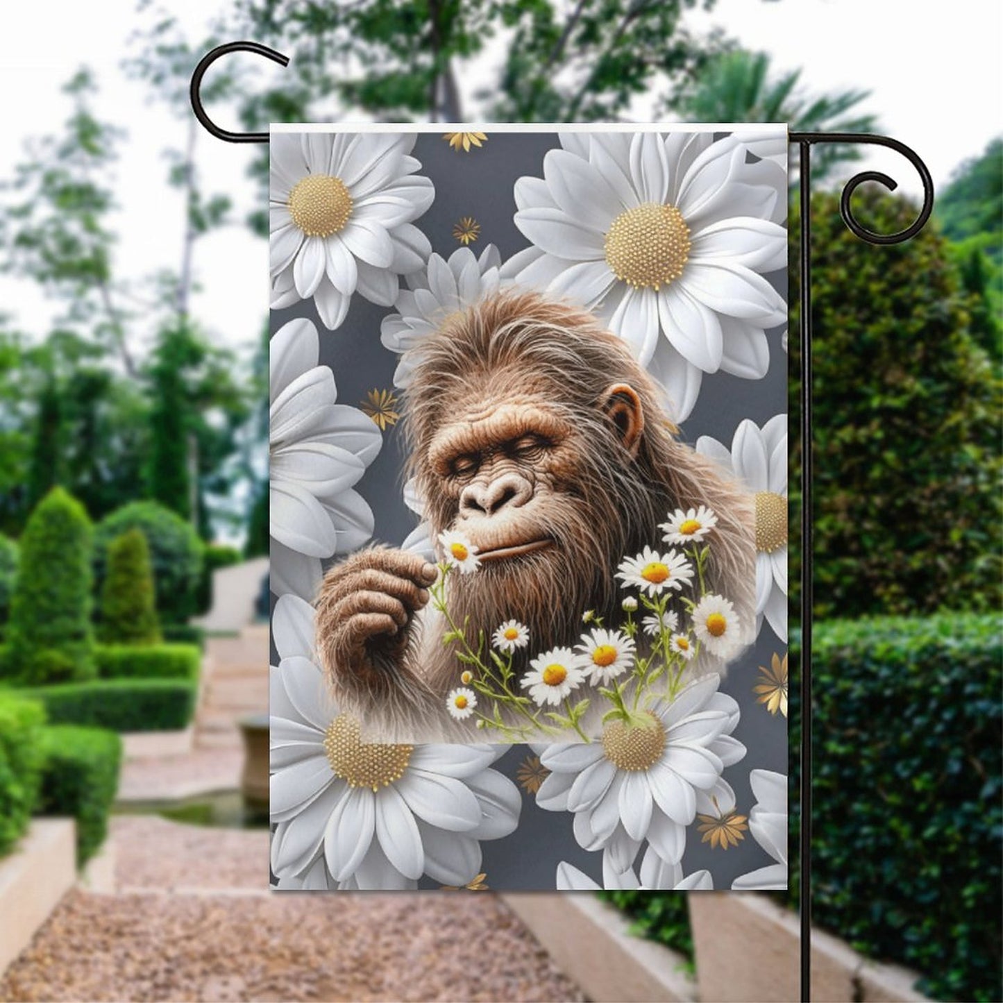 Sasquatch "Smell the Flowers" Flag in garden (1 Pic on 2 Sides)-12"x18"