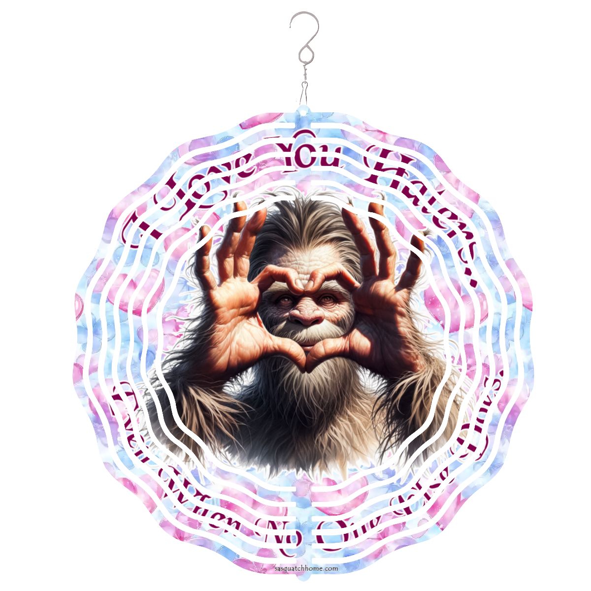 Bigfoot Sasquatch "I love you..", US Made Hanging Metal 3D Wind Spinner, Ornament