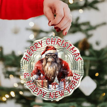 Sasquatch Bigfoot Santa, US Made Hanging Metal 3D Wind Spinner, Ornament