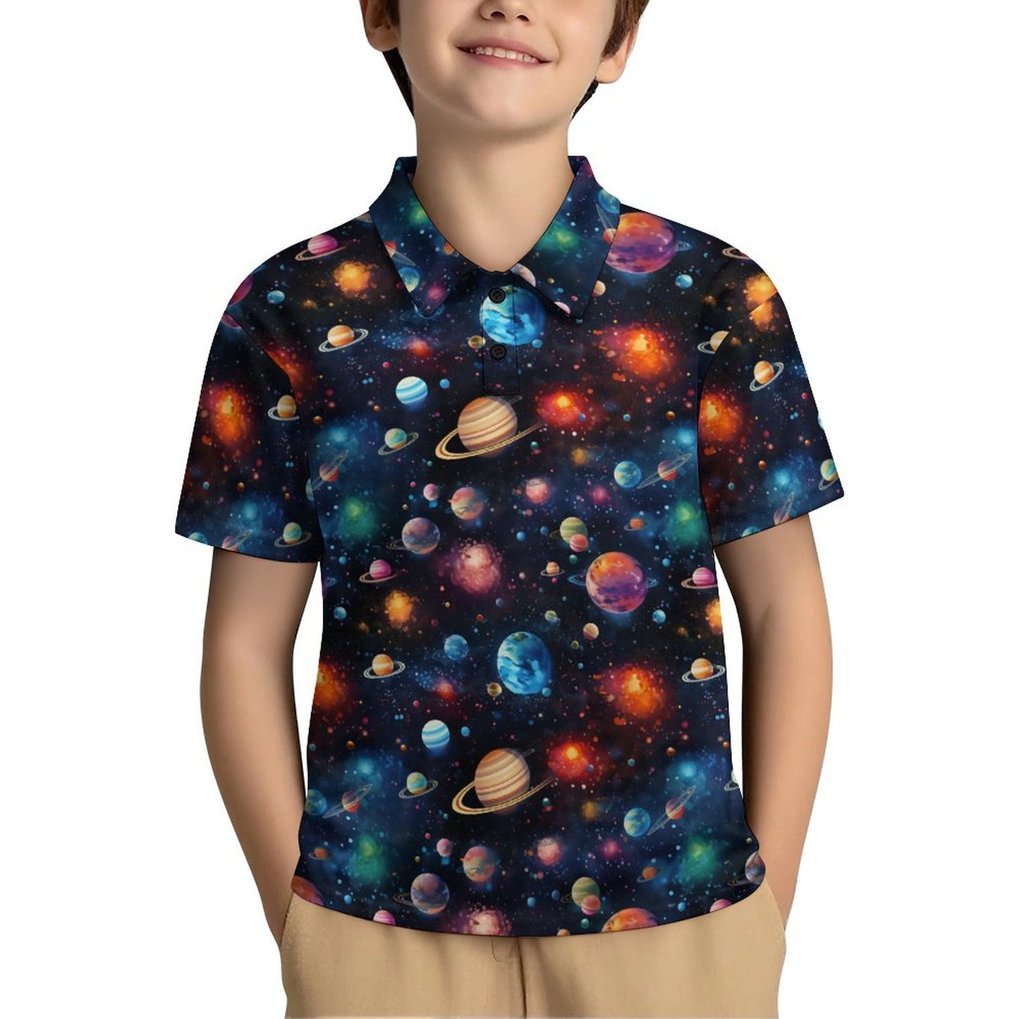 12 Galaxy, Outer Space, Kids Button Down Polo Shirt