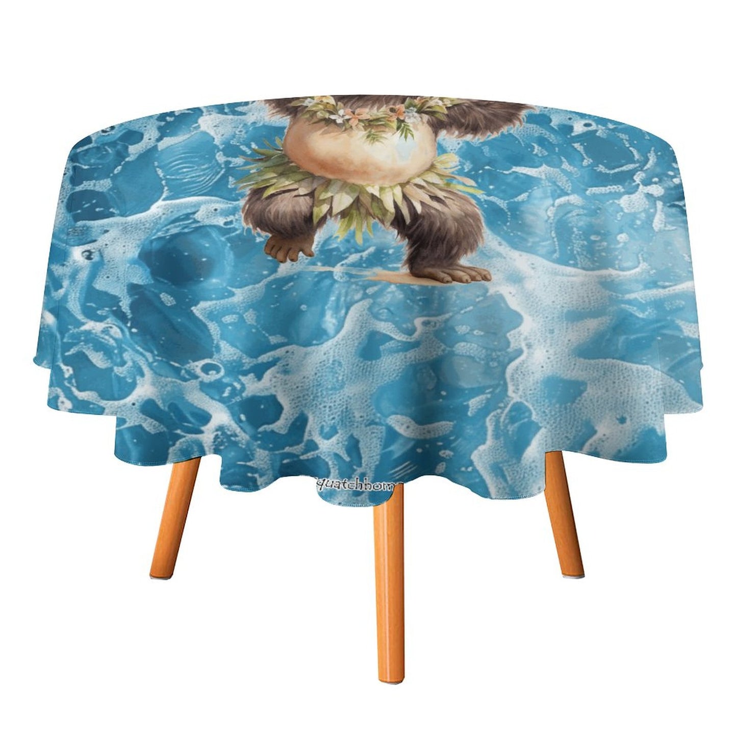 Sasquatch Hula On the Beach Round Tablecloth on Round Table