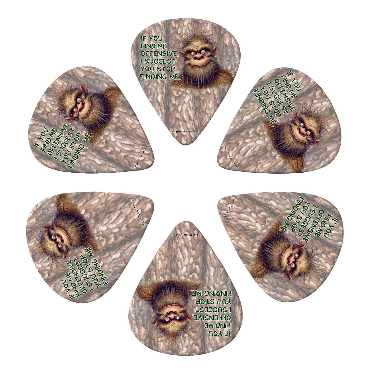6 Guitar Picks with Keychain Snap Case- Sasquatch Bigfoot "If you find me..." – 3 Thicknesses