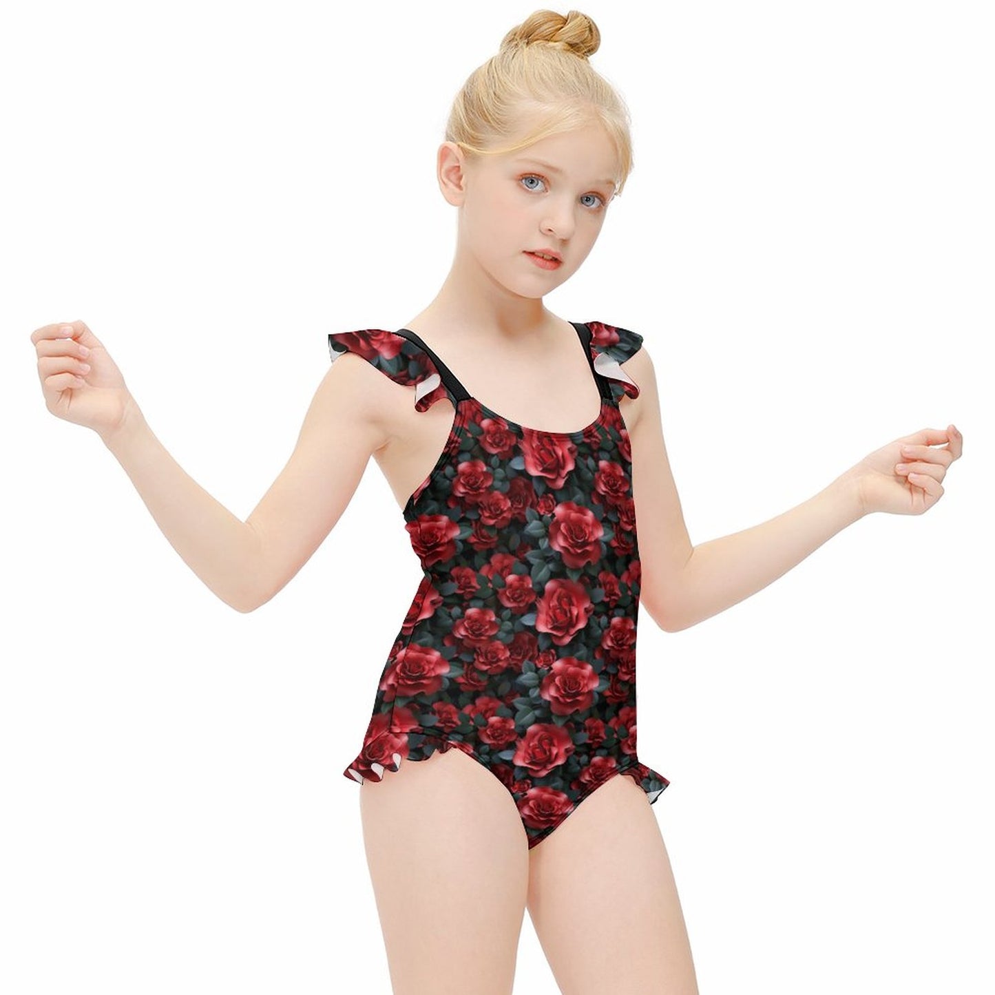 10 Beautiful Flower Designs, Girls One-Piece Summer Swimsuit, Ruffle Shoulder