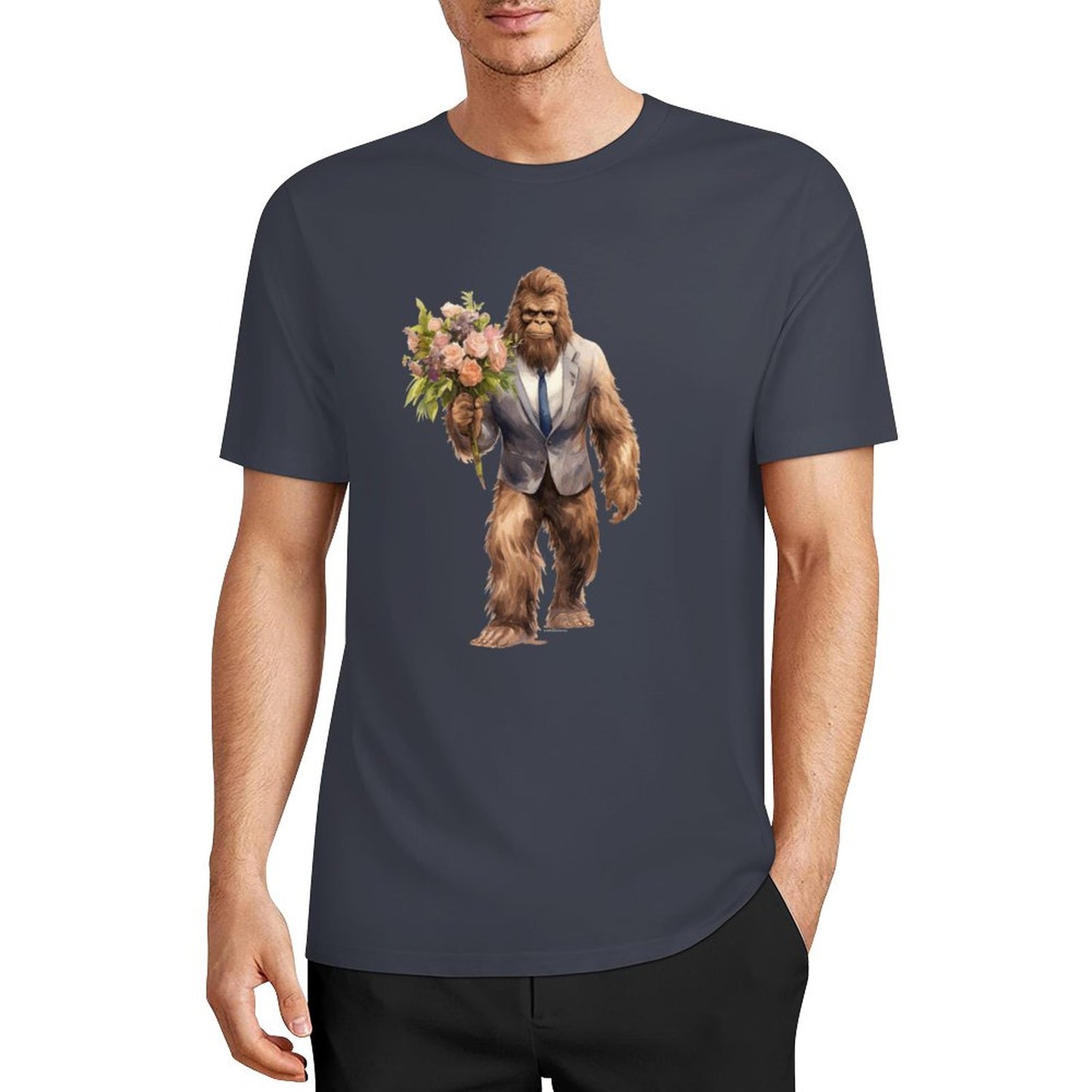 Bigfoot - Sasquatch w Flowers Short Sleeve Cotton T-Shirt
