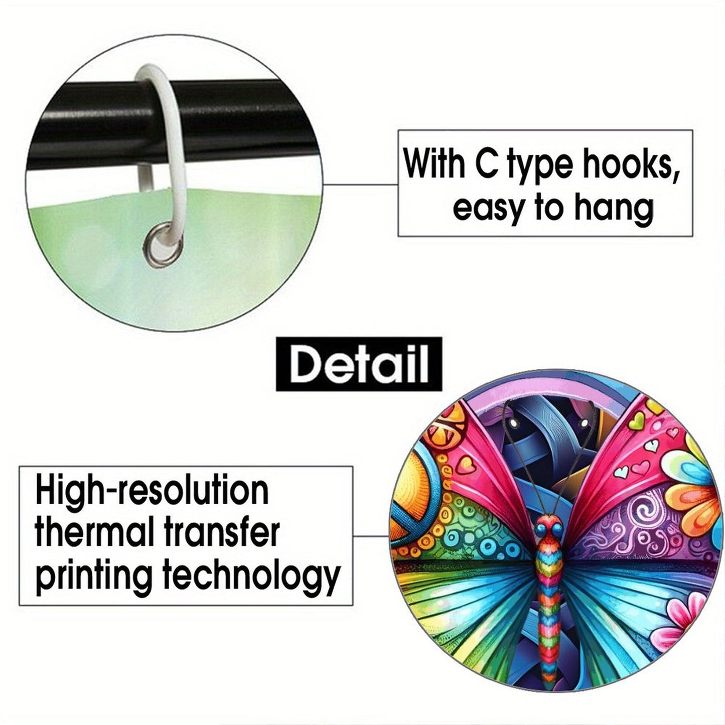 Colorful Hippie Butterfly, Waterproof Polyester Shower Curtain – Made in the USA – 70.8x70.8”