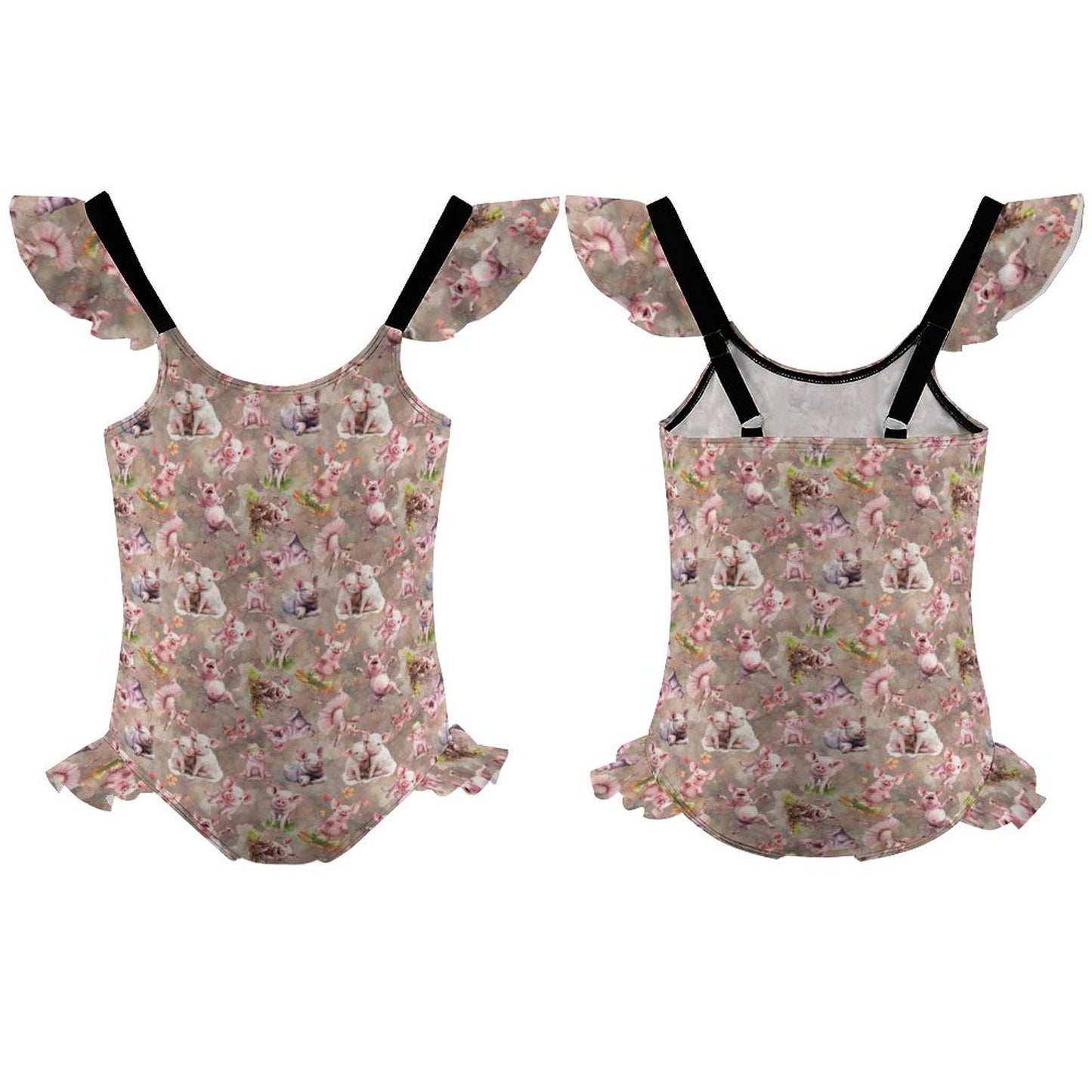 10 Animal Designs, Girls One-Piece Summer Swimsuit, Ruffle Shoulder