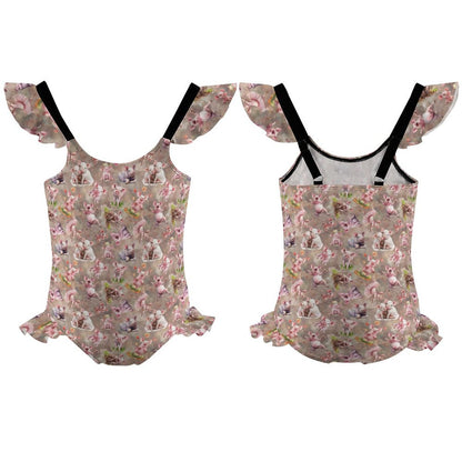 10 Animal Designs, Girls One-Piece Summer Swimsuit, Ruffle Shoulder