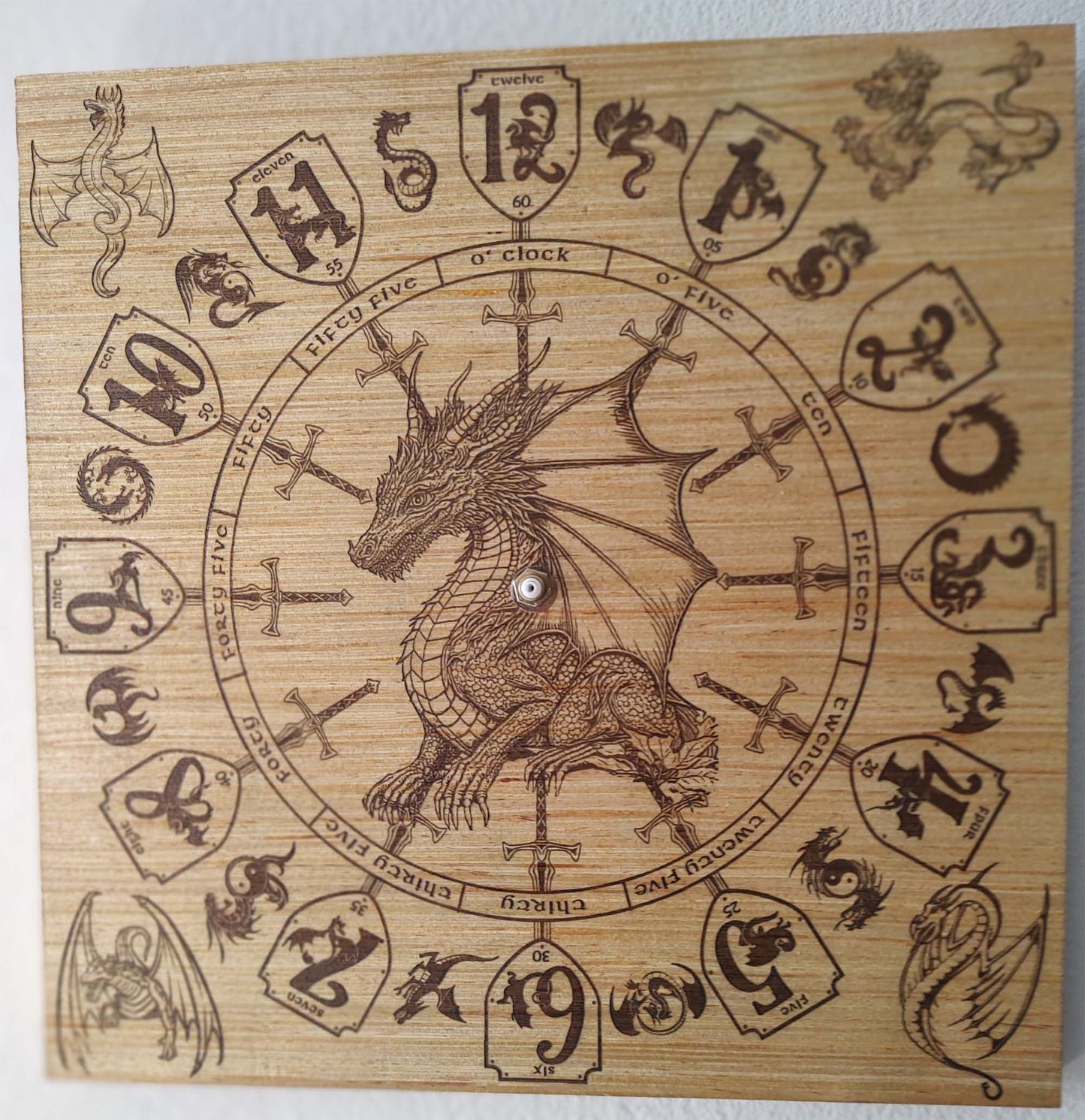 Hand Made Wood "Full Dragon" , Laser Etched Mechanic Clocks 2 Sizes