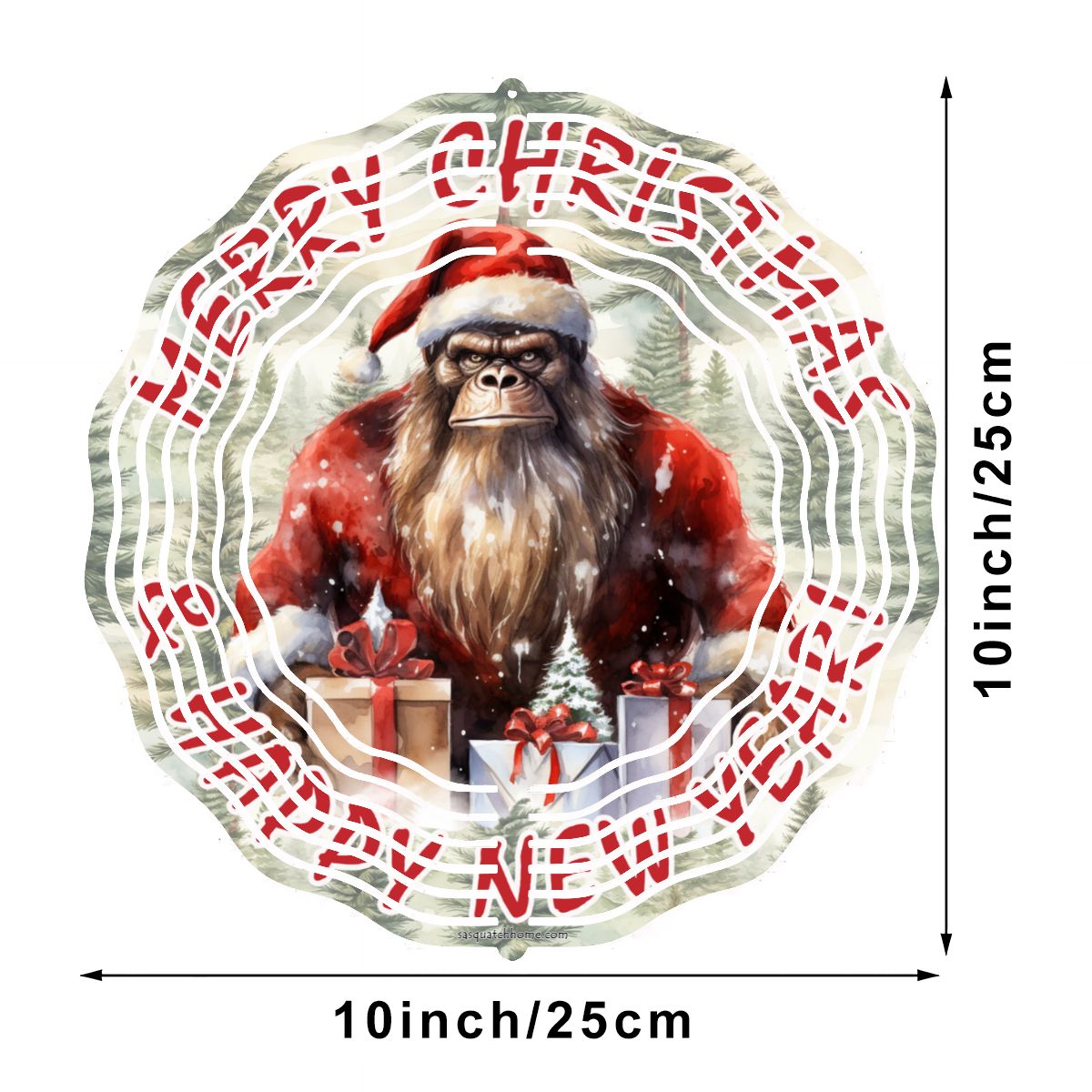Sasquatch Bigfoot Santa, US Made Hanging Metal 3D Wind Spinner, Ornament