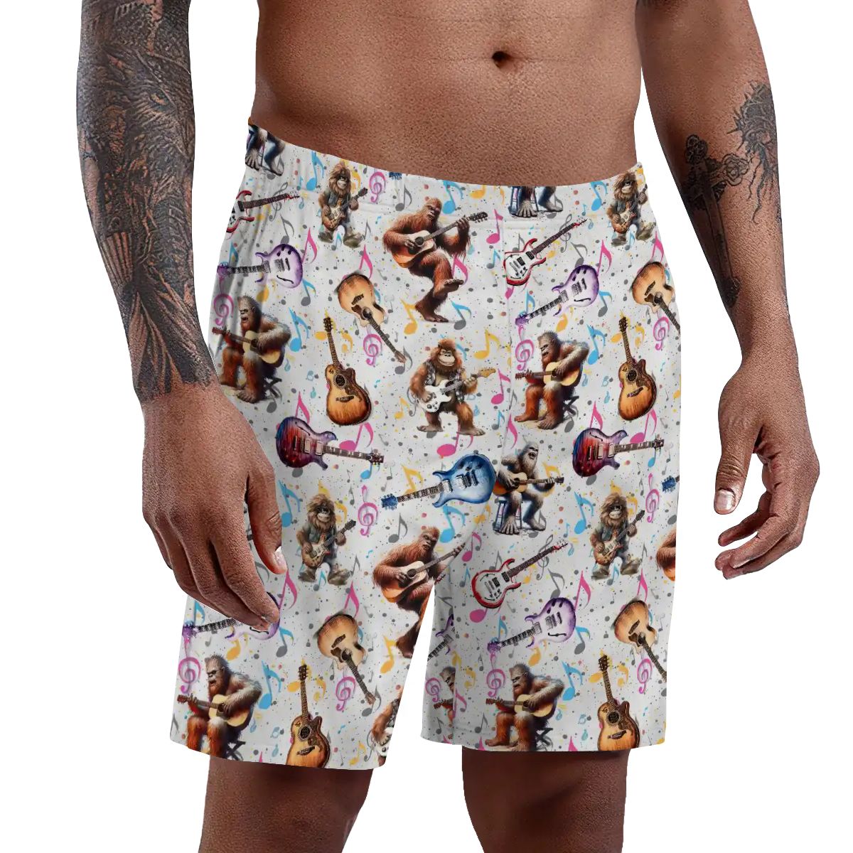 Bigfoot Sasquatch playing Guitar, Men’s Polyester, pocketed, pajama Shorts