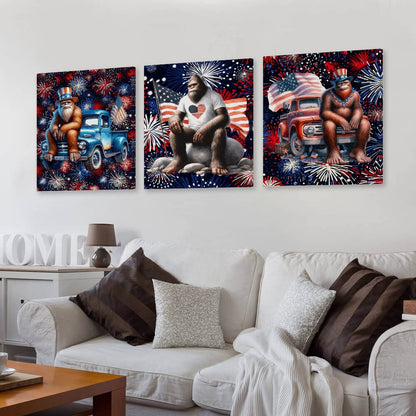 Patriot Bigfoot Sasquatch, Canvas Wall Art -16”x 20” (x3) - Made In USA