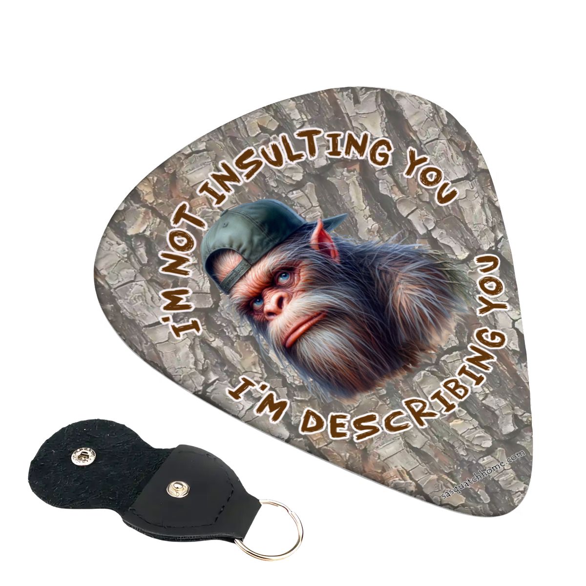 6 Guitar Picks with Keychain Snap Pick Wallet- Bigfoot Sasquatch "I'm not insulting..."  – 3 Thicknesses
