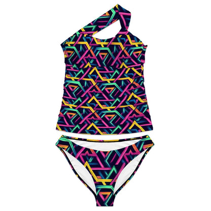 Psychedelic Line Design, Women One Shoulder Tankini, Two Piece