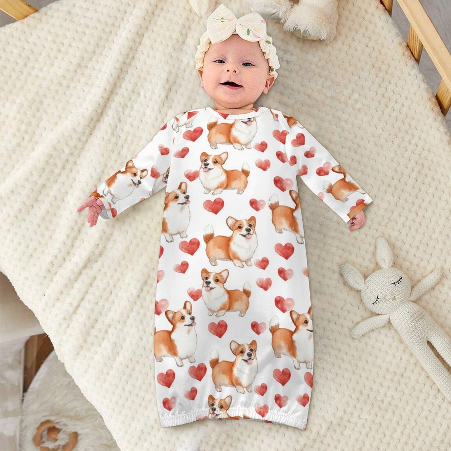 Corgi Dogs & Hearts, Baby Long Sleeve Faux Cotton Sleeper Gown