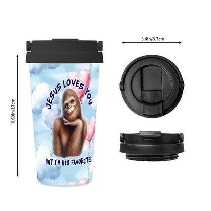 Bigfoot / Sasquatch "Jesus loves you..", 17 oz Insulated Coffee Mug with Lid & Carrying Handle