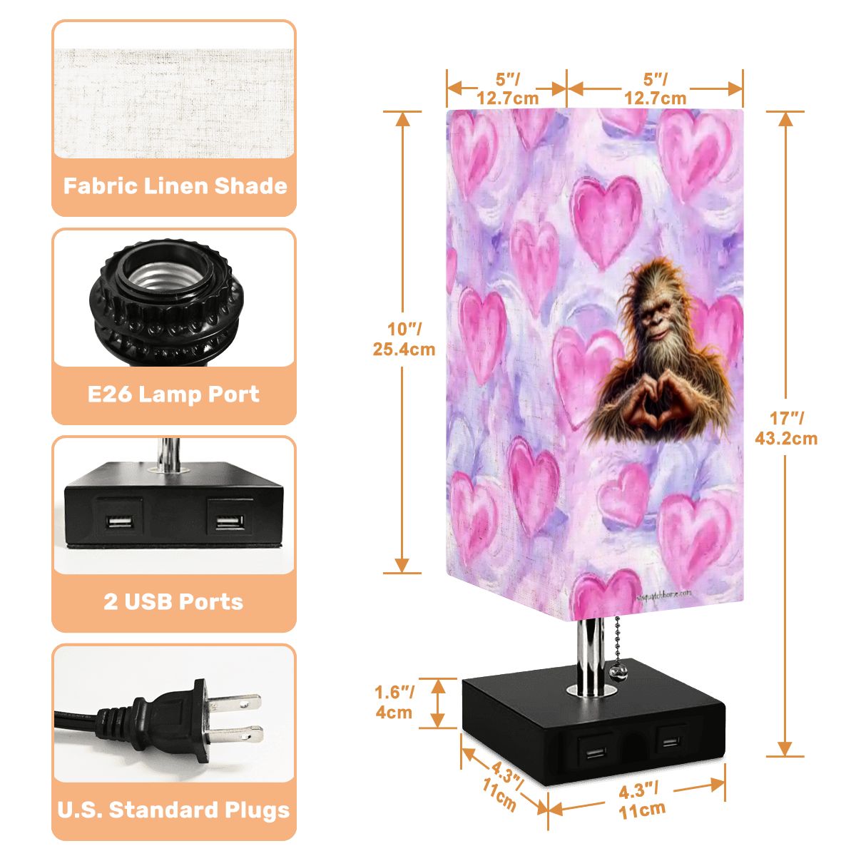 Bigfoot / Sasquatch Love, Square Table Lamp with USB Ports, Charger