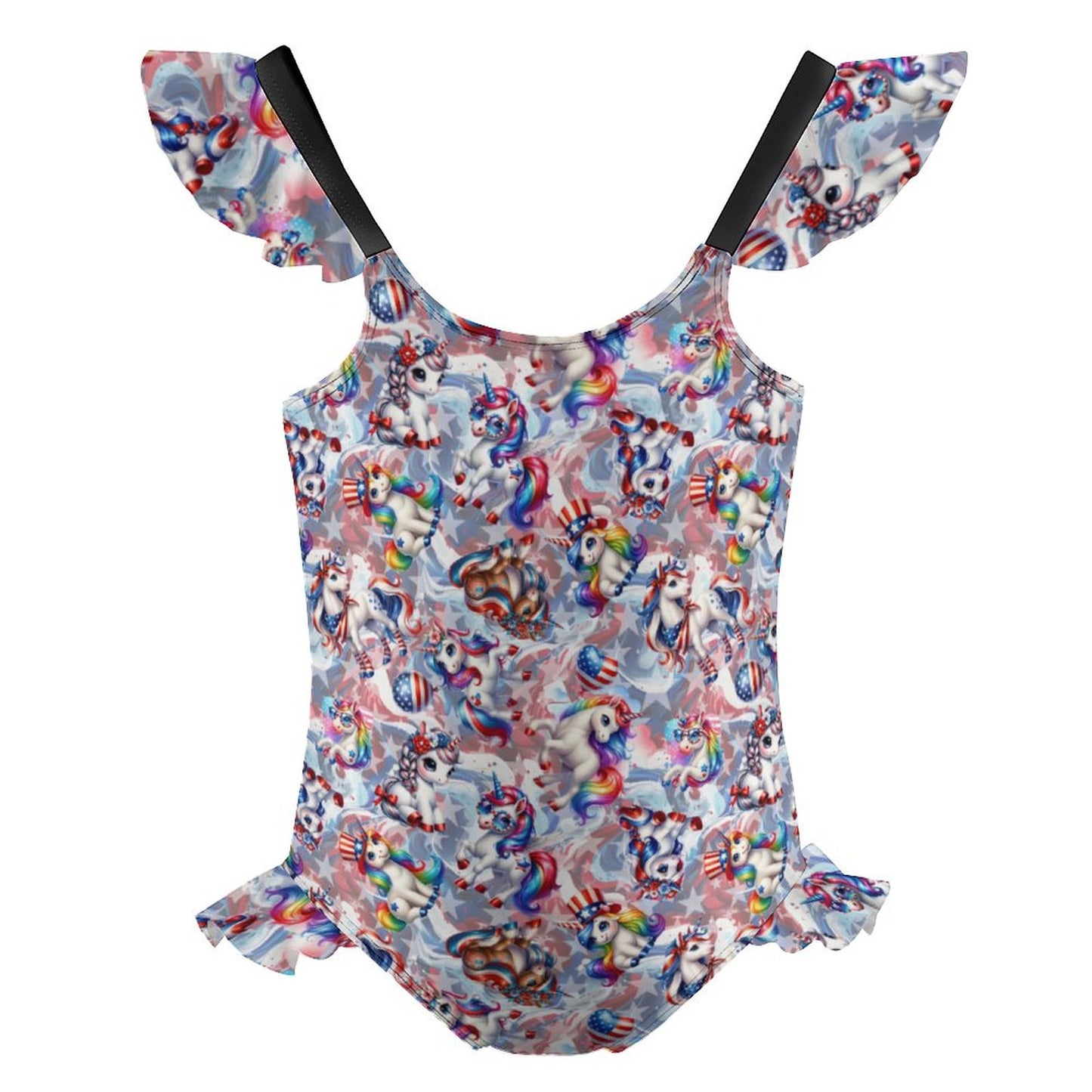 8 Patriot Designs, Girls One-Piece Summer Swimsuit, Ruffle Shoulder