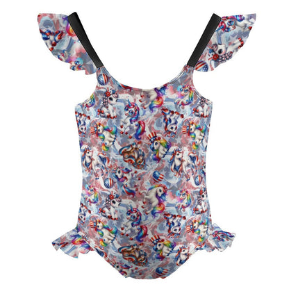 8 Patriot Designs, Girls One-Piece Summer Swimsuit, Ruffle Shoulder