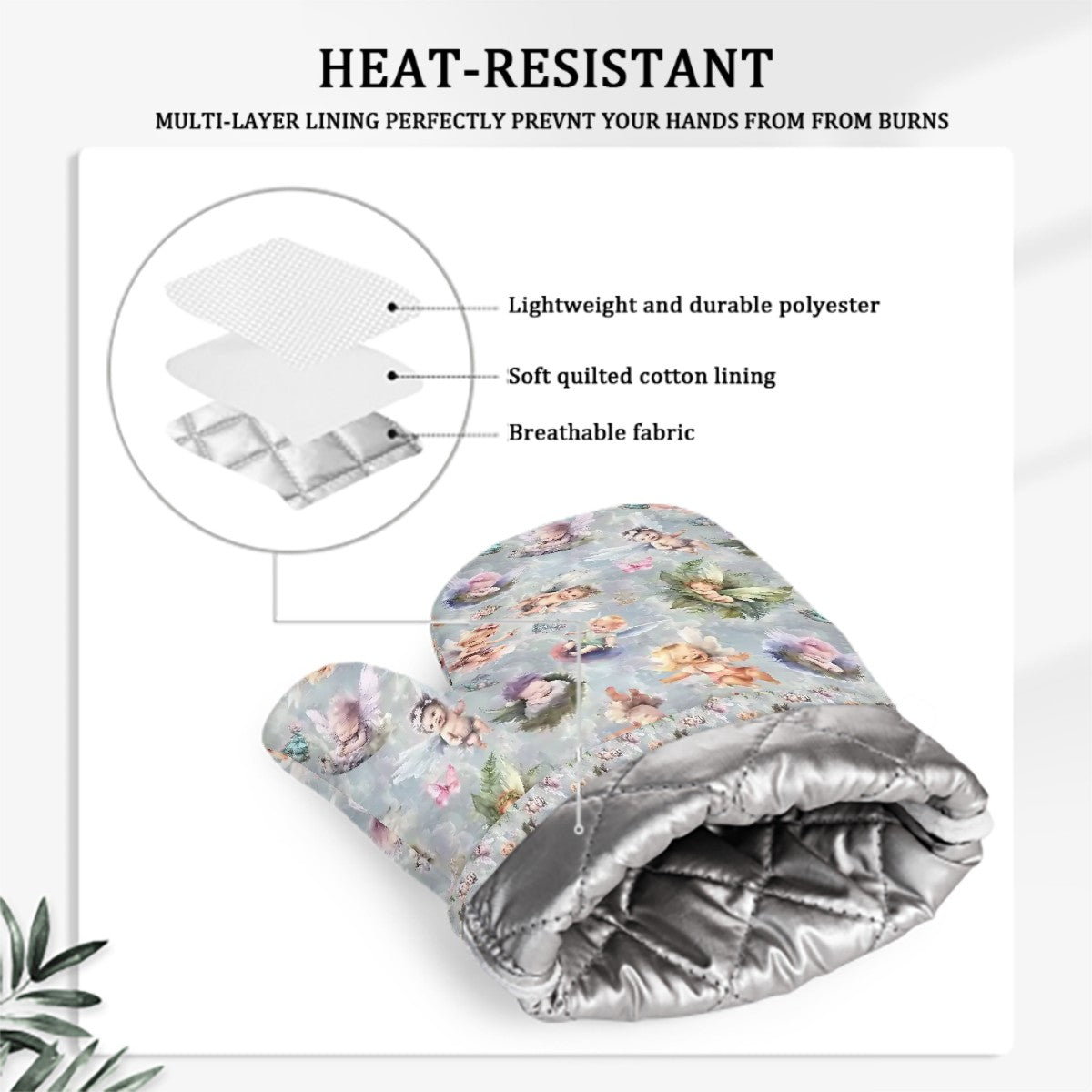 6 Fairy Designs, Set of 2 Silicone Oven Mitts -