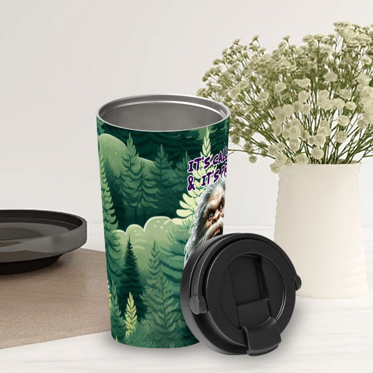 Bigfoot / Sasquatch "It's called karma..", 17 oz Insulated Coffee Mug with Lid & Carrying Handle