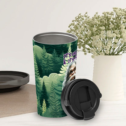 Bigfoot / Sasquatch "It's called karma..", 17 oz Insulated Coffee Mug with Lid & Carrying Handle