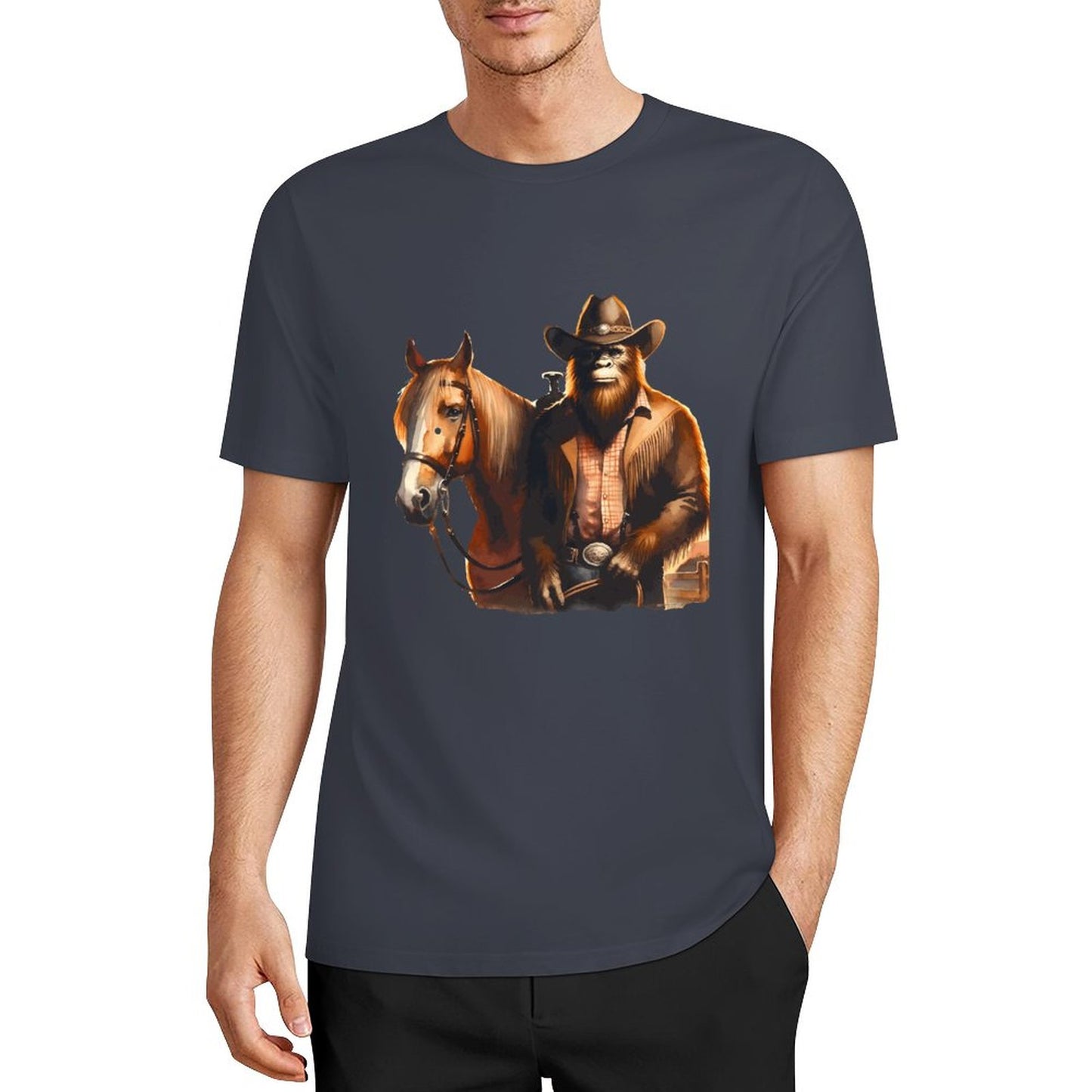 Bigfoot - Sasquatch Cowboy w Horse Short Sleeve Cotton T-Shirt