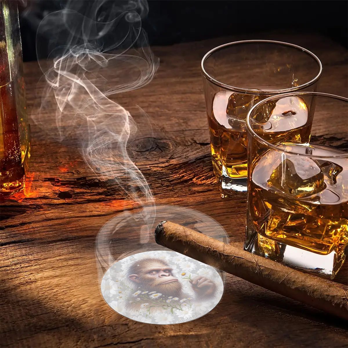 3 .3" Round, Lead Free Glass Ashtray - Sasquatch, Bigfoot, Daisies