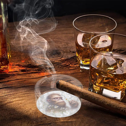 3 .3" Round, Lead Free Glass Ashtray - Sasquatch, Bigfoot, Daisies