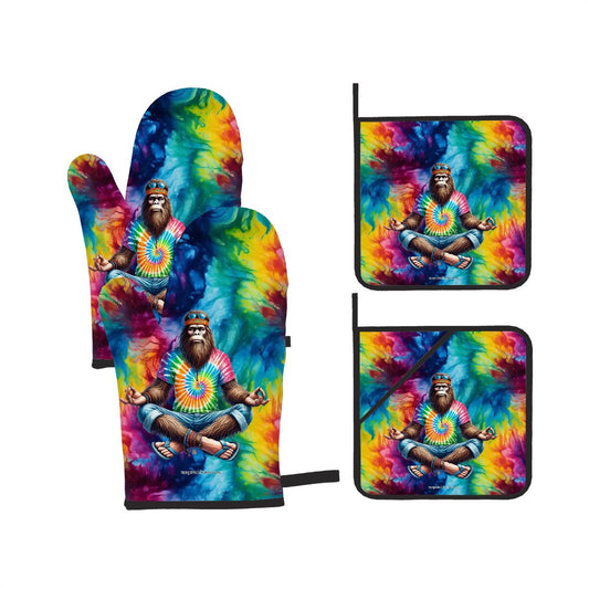 Hippie Bigfoot / Sasquatch, Zen, 4 Piece Oven Mitts / Pot Holder Sets