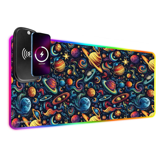 12 Galaxy Space Designs, Wireless Charging Gaming Mouse Pads / Mat With Lights - 2 Sizes