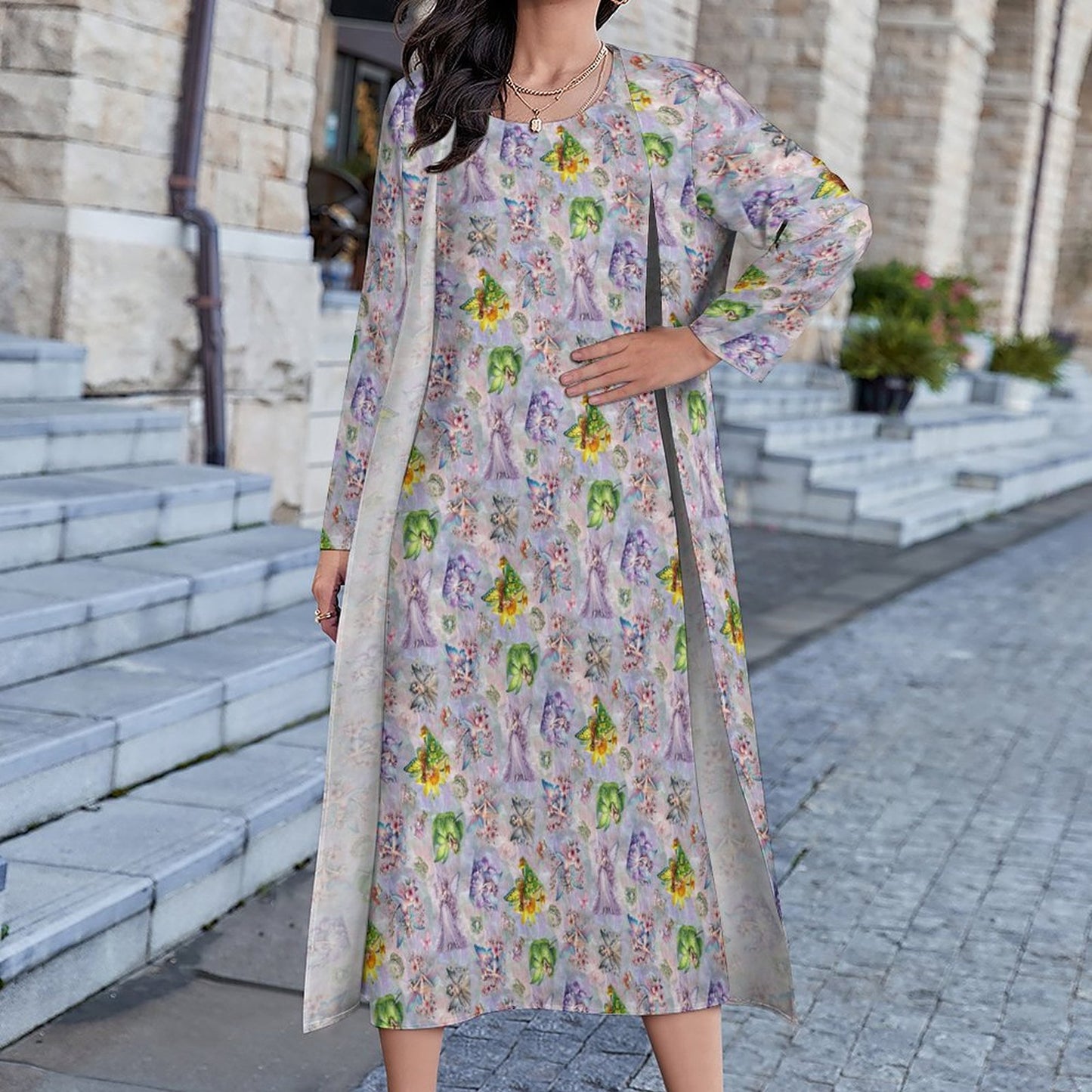 2 Piece Long Dress / Cardigan Set - Fairies