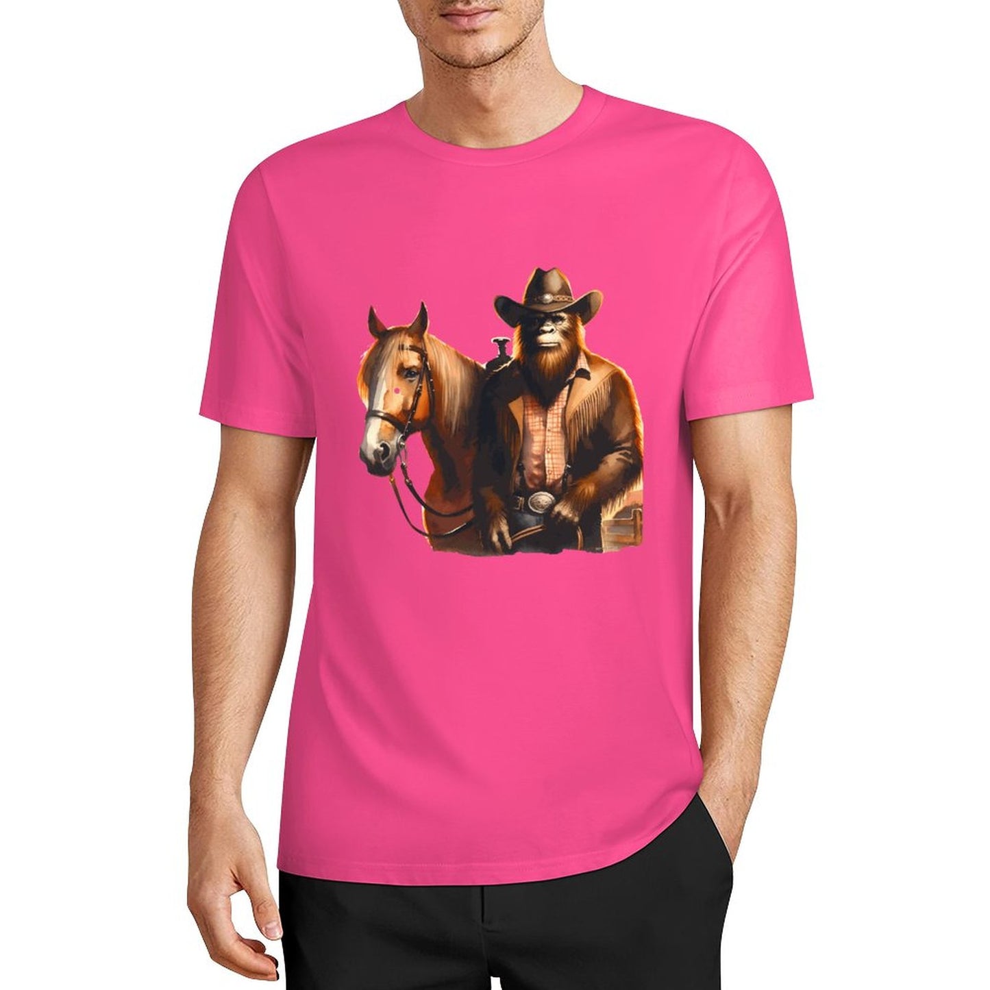 Bigfoot - Sasquatch Cowboy w Horse Short Sleeve Cotton T-Shirt
