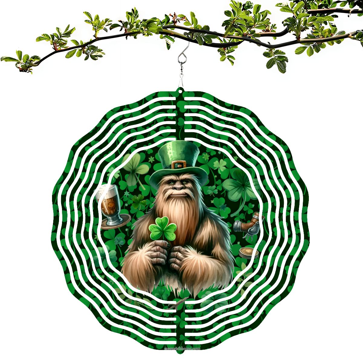 St Patrick Bigfoot, Sasquatch, US Made Hanging Metal 3D Wind Spinner, Ornament