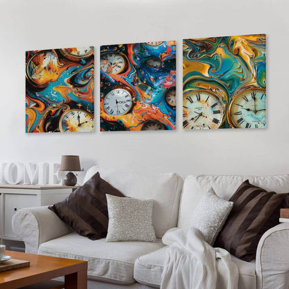 Psychedelic Clocks Canvas Wall Art -16”x 20” (x3) - Made In USA