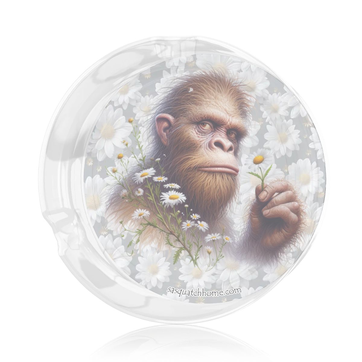 3 .3" Round, Lead Free Glass Ashtray - Sasquatch, Bigfoot, Daisies