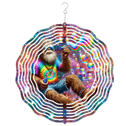 Hippie Sasquatch Blow Bubbles, US Made Hanging Metal 3D Wind Spinner, Ornament