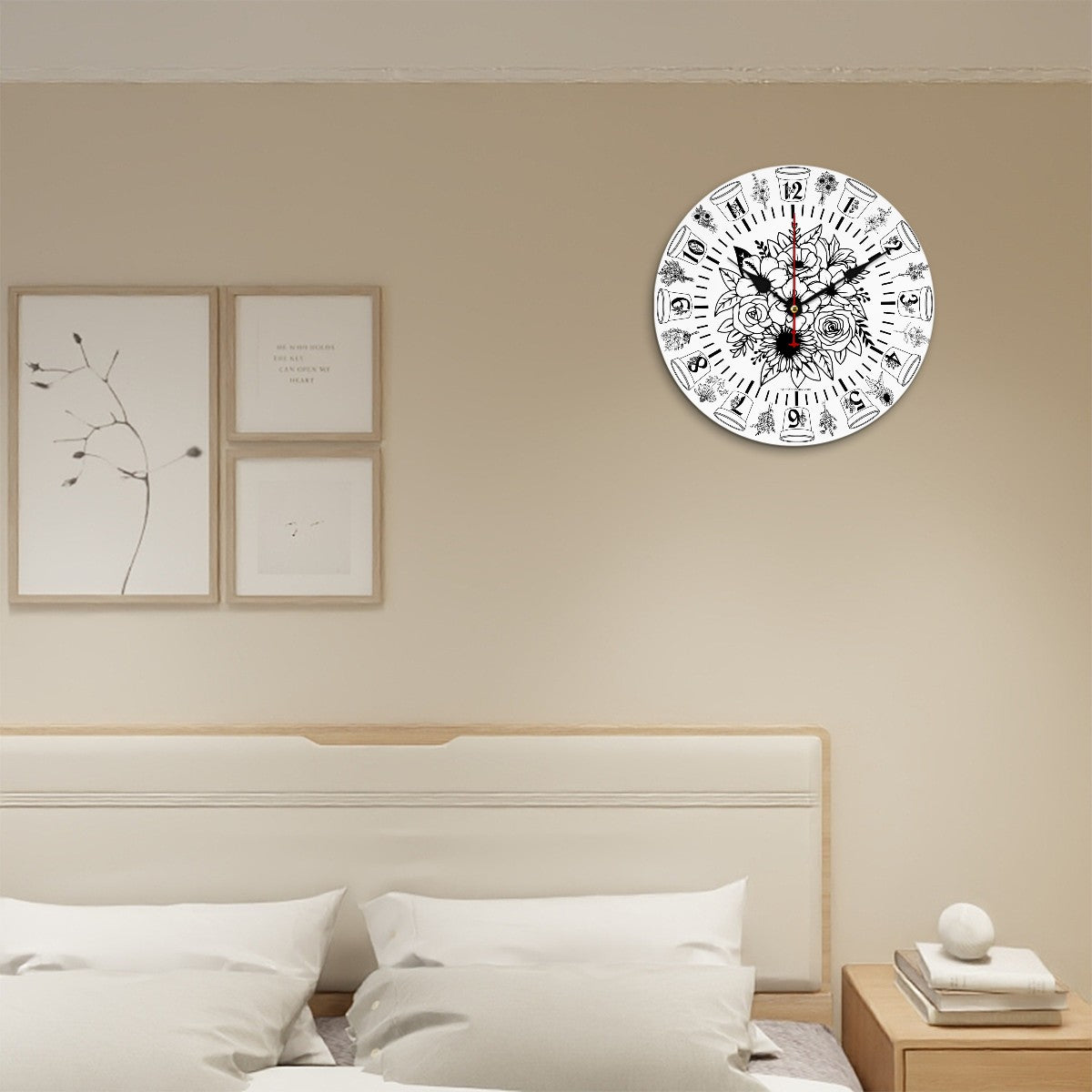Flower Theme, Round Wooden Wall Clock