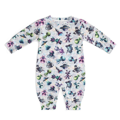 6 Alien Designs, Long Sleeve Baby / Toddler Romper, Faux Cotton