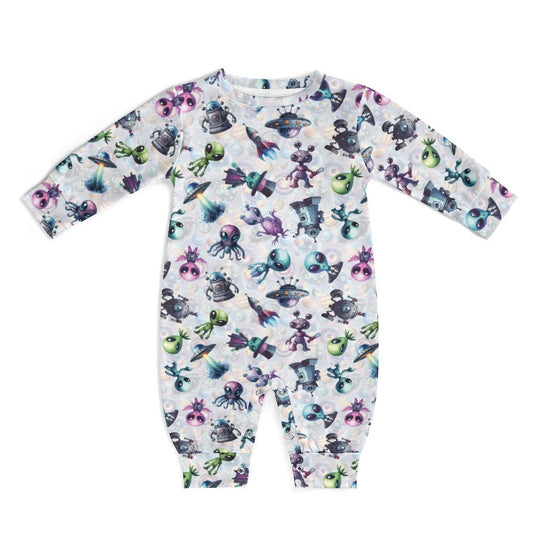 6 Alien Designs, Long Sleeve Baby / Toddler Romper, Faux Cotton