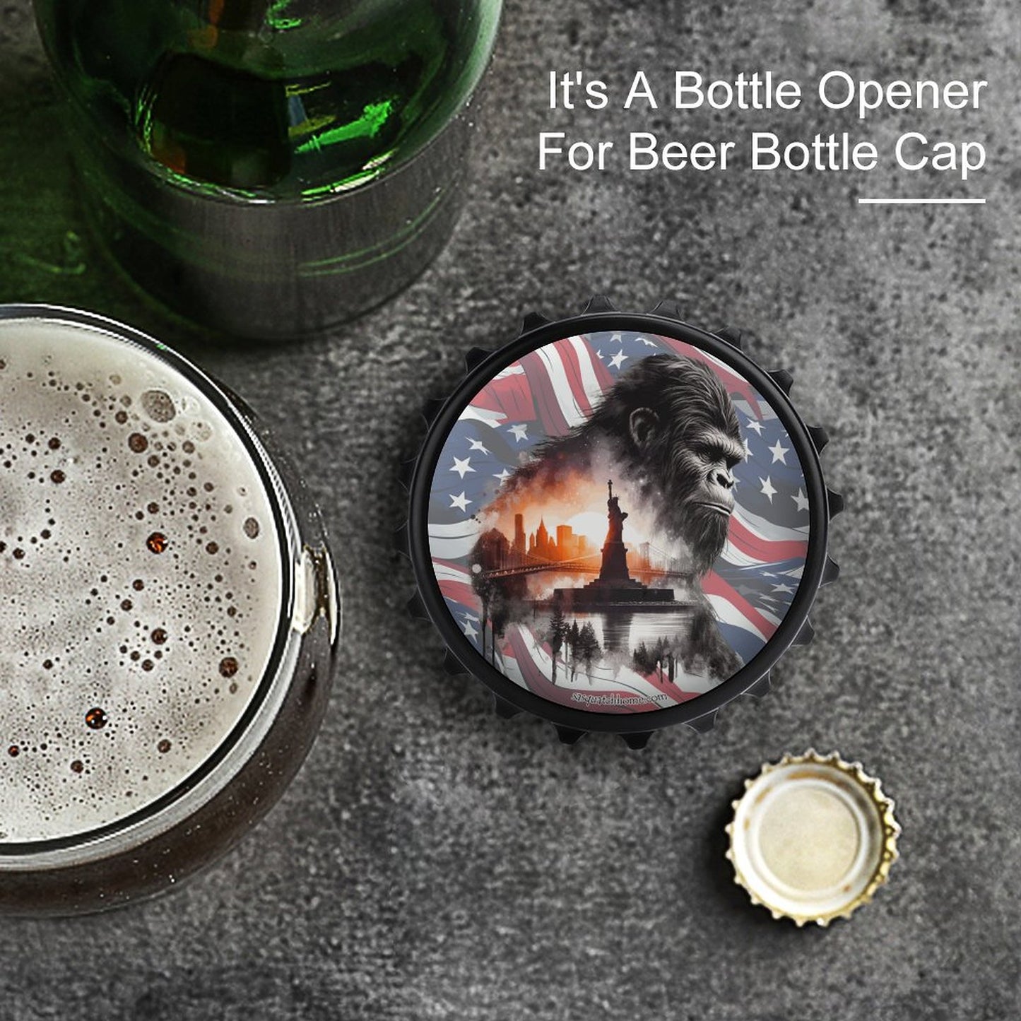 Patriot Bigfoot Sasquatch, 3” Magnetic Can Opener / Coaster / Fridge Decor